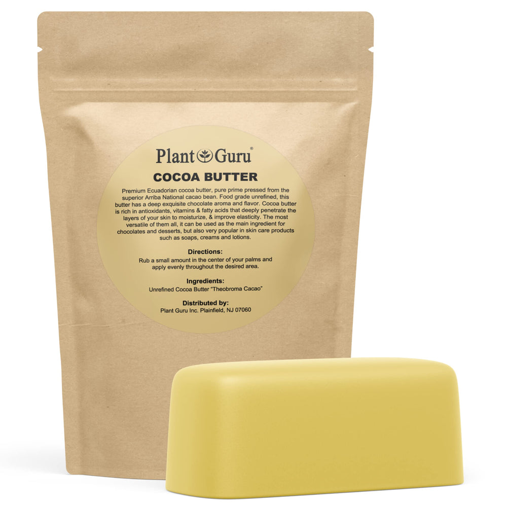 Plant Guru raw cocoa butter bar close-up texture for DIY cosmetics.