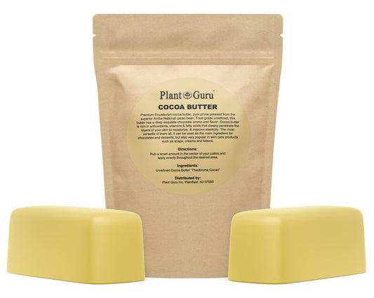 Plant Guru Raw Cocoa Butter bar front label showing pure, premium quality.