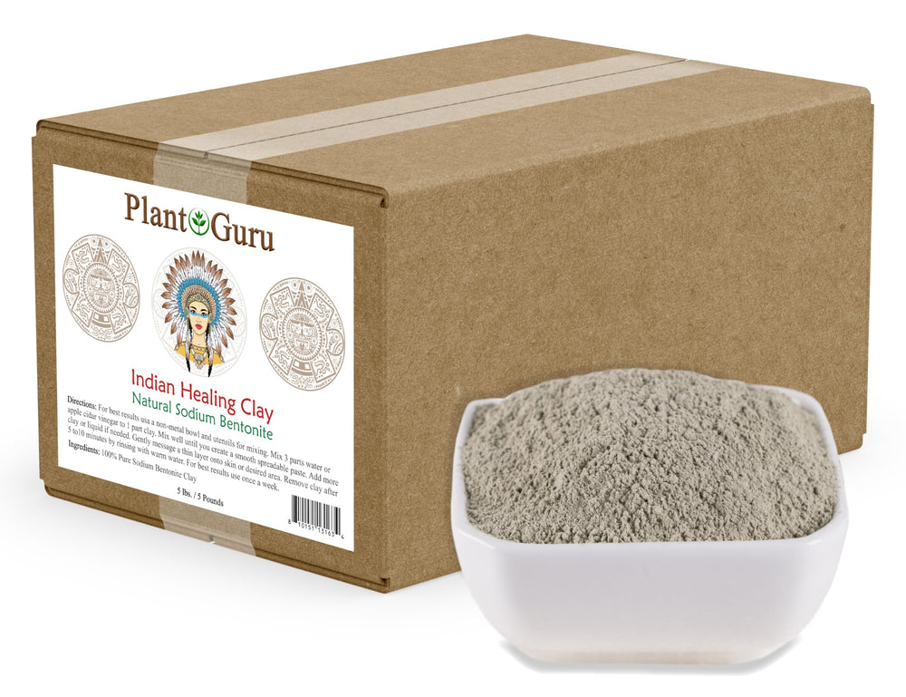 Plant Guru Sodium Bentonite Clay Powder packaging, bulk 5 lb, ideal for facial and body detox
