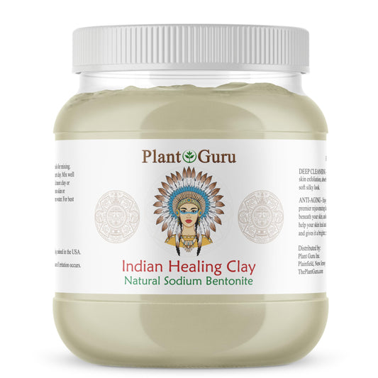 Plant Guru Sodium Bentonite clay powder packaging in a bulk jar for detoxifying skin.