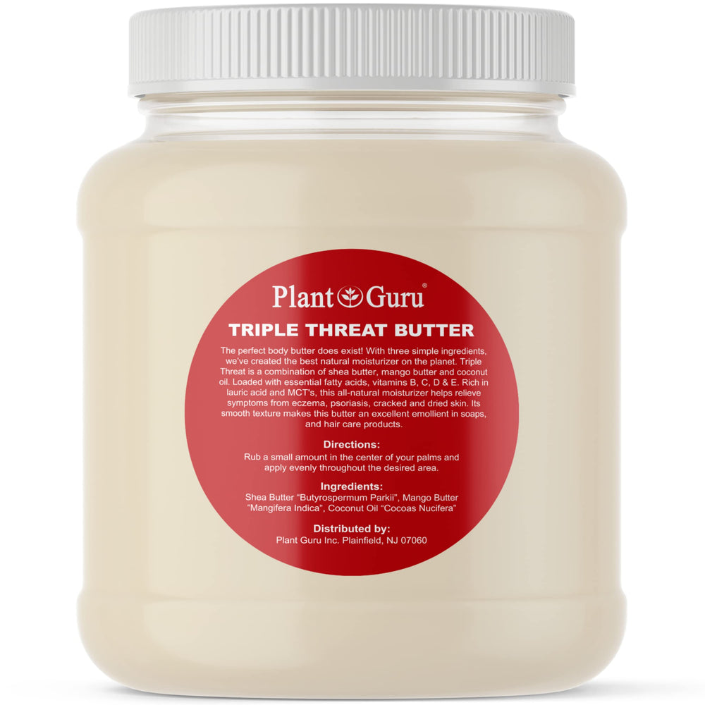 Plant Guru Triple Threat Body Butter jar highlights rich shea, mango, coconut oils for deep moisture.