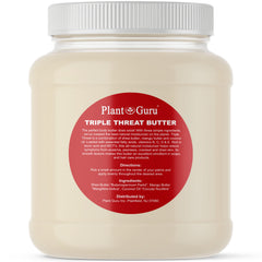 Plant Guru Triple Threat Body Butter jar highlights rich shea, mango, coconut oils for deep moisture.
