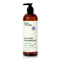 Plant Therapy Lavender Sandalwood body wash bottle front showing calming blend for all skin types