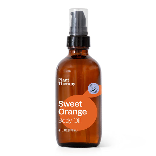 Plant Therapy Sweet Orange Body Oil bottle highlights fresh citrus aroma for mood lift.
