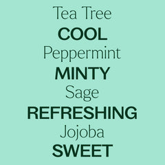 Label highlights Tea Tree and Peppermint oils for a cleansing aroma.