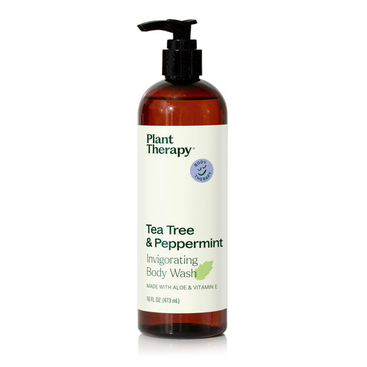 Plant Therapy Tea Tree Peppermint Body Wash bottle offers a refreshing cleanse for all skin types.
