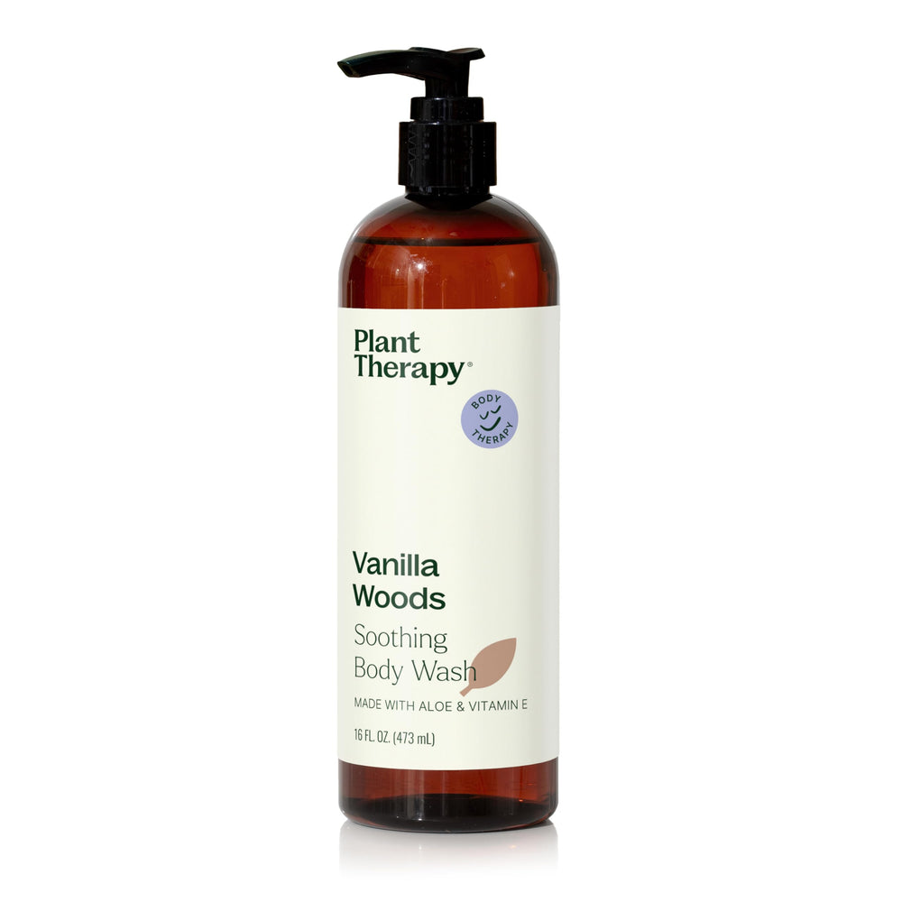 Plant Therapy Vanilla Woods Body Wash bottle showing inviting scent and hydrating formula.