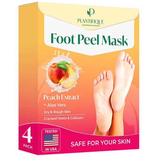 PLANTIFIQUE Foot Peeling Mask 4 Pack closeup for peach scented exfoliation and smooth feet