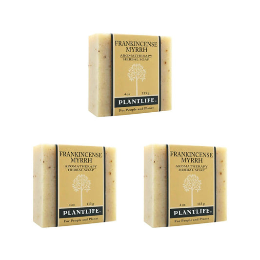 Plantlife Frankincense Myrrh 3-Pack Bar Soap with earthy aroma for daily cleansing and soothing skin.
