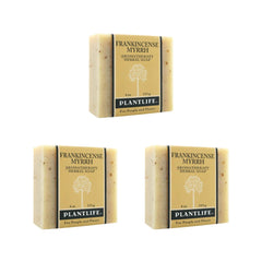 Plantlife Frankincense Myrrh 3-Pack Bar Soap with earthy aroma for daily cleansing and soothing skin.
