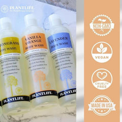 Close-up of Plantlife Lemongrass Body Wash ingredients highlighting natural herbs and essential oils