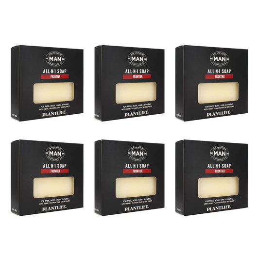 Plantlife Man and Nature six-bar soap pack on display for daily moisturizing.