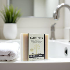 Plantlife Patchouli 3-Pack Bar Soap stack for daily use.