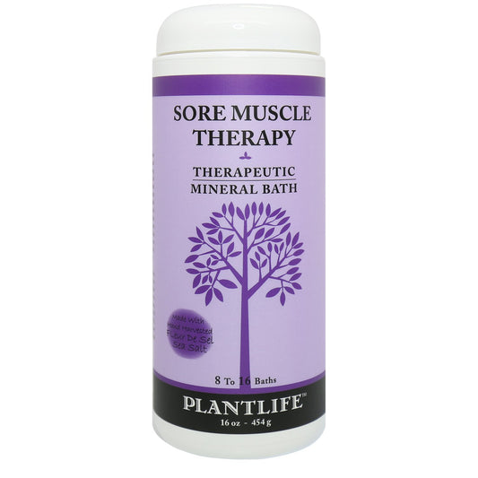 Plantlife Sore Muscle Therapy Bath Salts packaging highlights purity and natural ingredients.