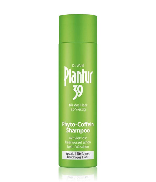 Plantur 39 Coffein Shampoo bottle pour scene highlighting caffeine-powered scalp refreshment.