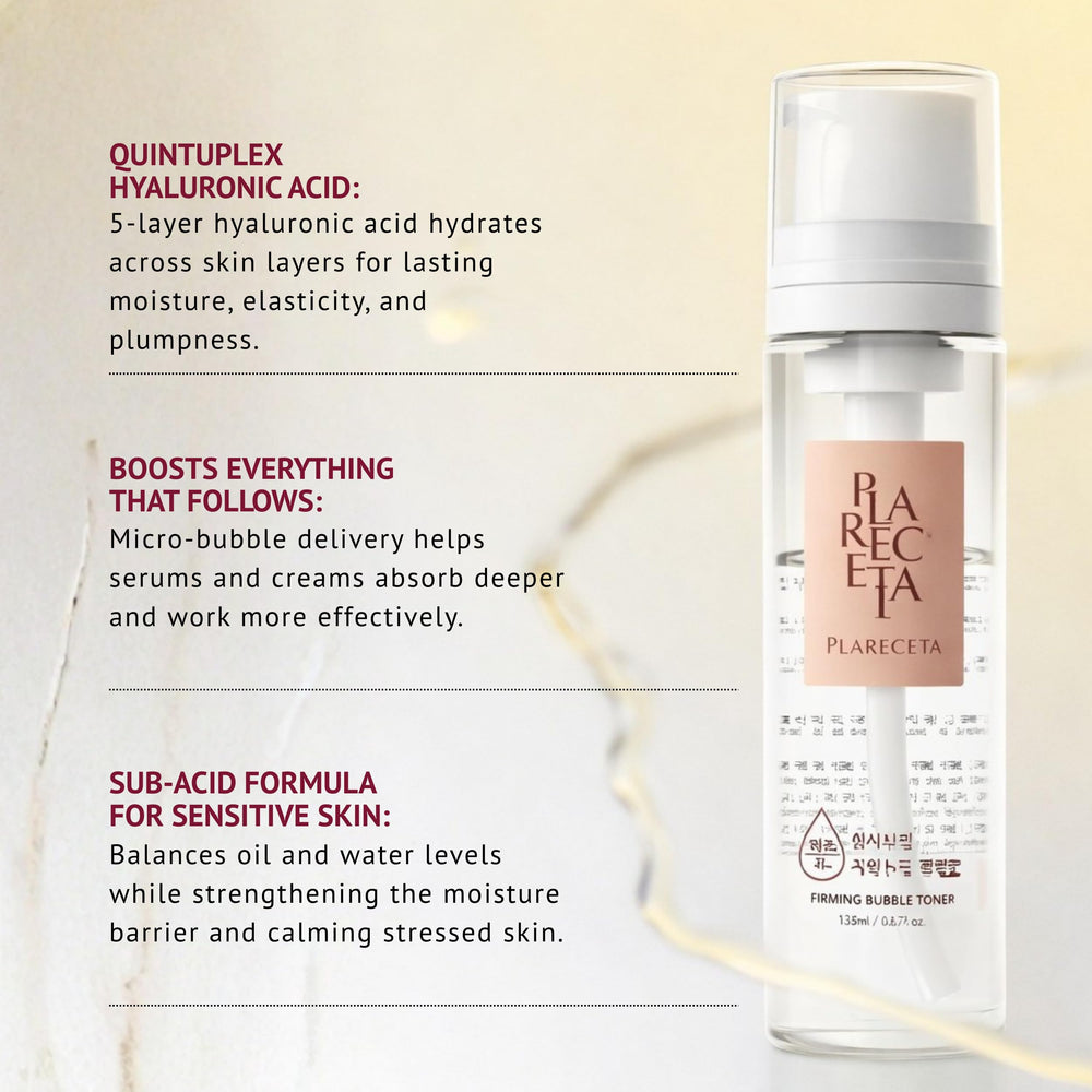 PLARECETA Firming Bubble Toner ingredients highlight hydration and balance.