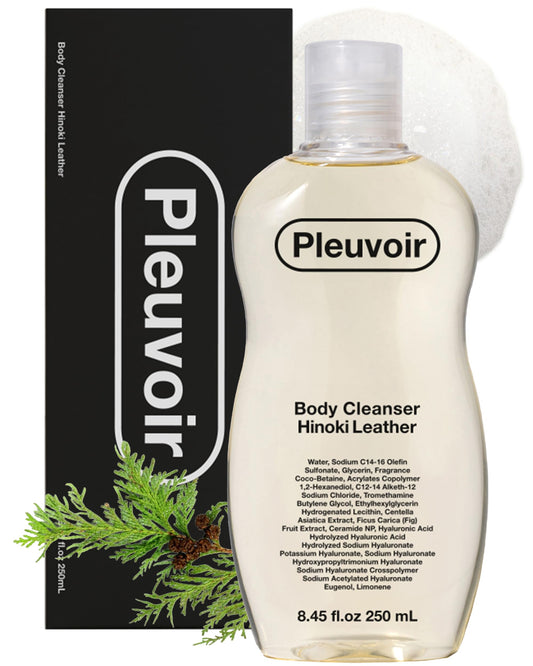 Pleuvoir Hinoki Leather Body Wash bottle pour highlights premium fragrance and cleansing ritual.