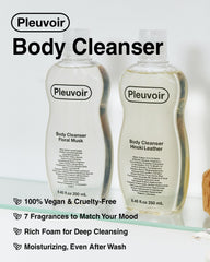 Pleuvoir Hinoki Leather Body Wash rich foam emphasizes deep hydration during shower.