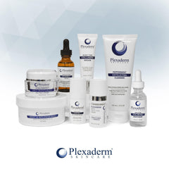 Plexaderm Night Time Collagen Serum ingredient visuals highlight peptides and hyaluronic acid.