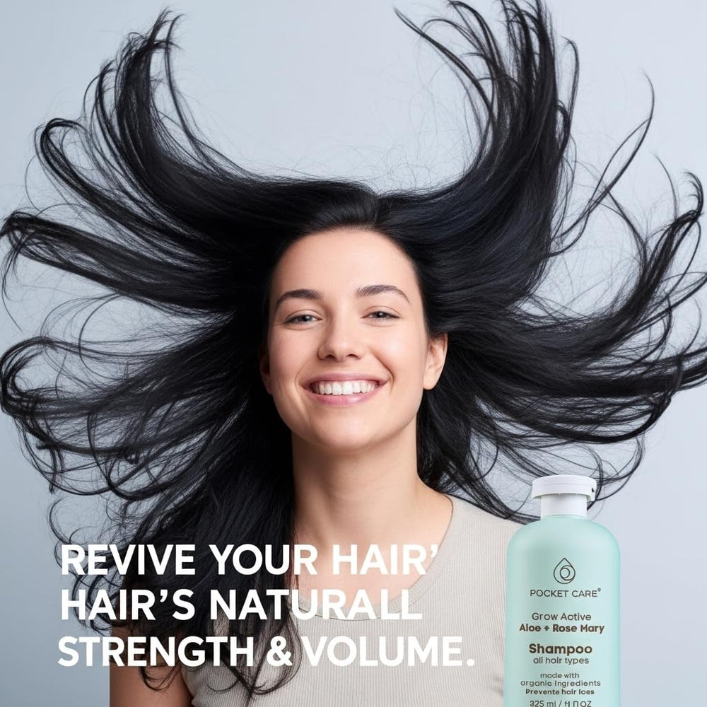 PocketCare Organic Shampoo ingredients blend showcases aloe, rosemary, jojoba, verbena for nourishing scalp care.