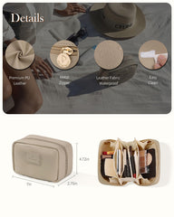 Pocmimut makeup bag on dresser showcases elegant apricot PU
