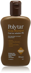 Polytar shampoo bottle pour shows concentrated tar cleansing for the scalp