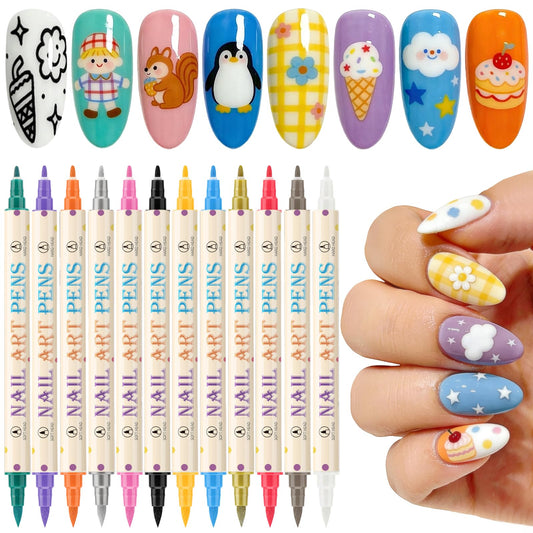 Ponhey 12-color nail art pens set displaying vibrant pigments for DIY designs.