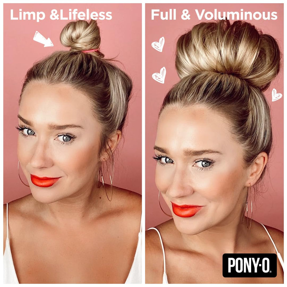 PONY-O styling versatility showing ponytail and bun options in dark brown.