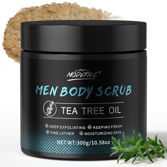 POP MODERN.C men scrub bottle with tea tree oil for a refreshing cleanse.