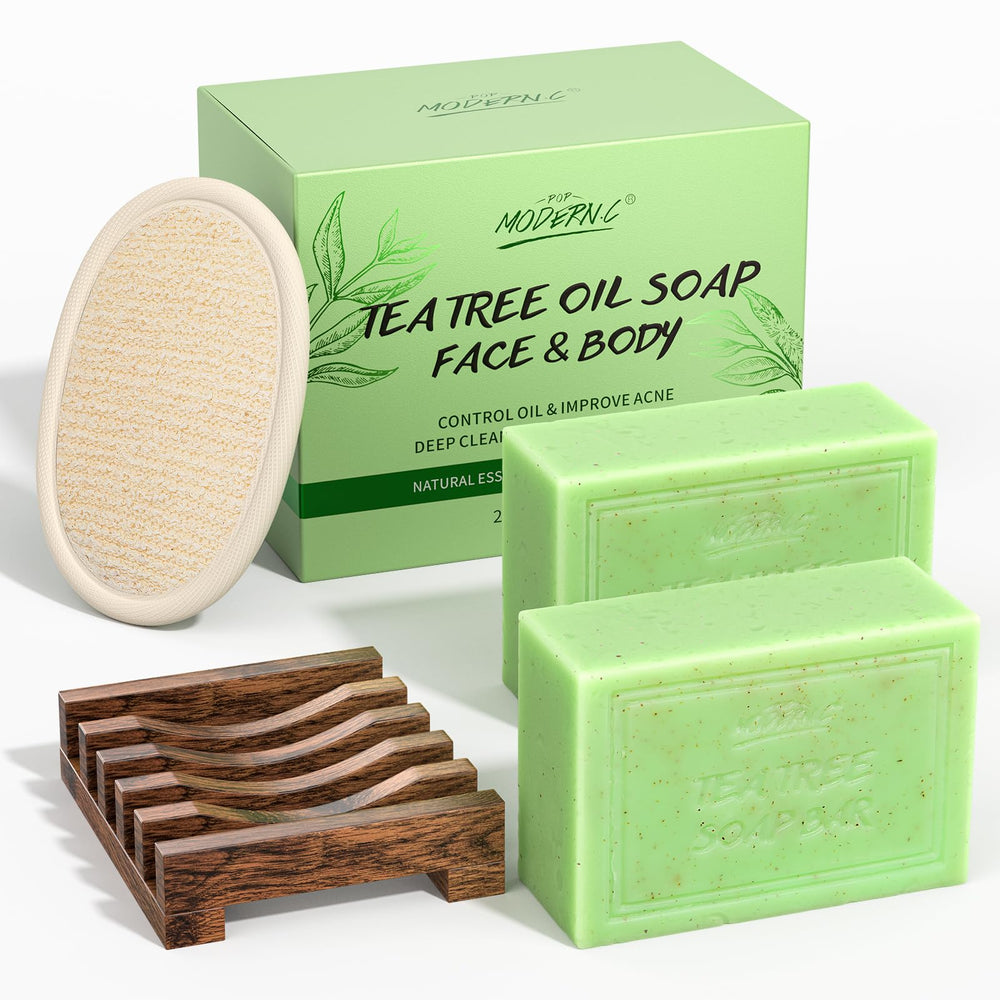 POP MODERN.C Tea Tree Oil Soap Bar packaging highlights natural formula for everyday cleanse.
