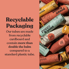 Poppy & Pout lip balm in recyclable tube with beeswax formula