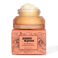 Poppy & Pout pink grapefruit lip scrub jar front highlighting hydrating exfoliation