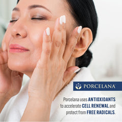 Porcelana antioxidants feature highlighted on label for skin protection.