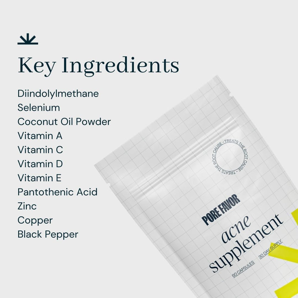 Pore Favor bottle closeup features the supplement bottle and label.