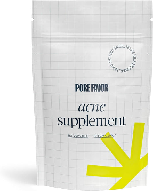 Pore Favor Skin Support capsules show the DIM formula for daily balance.