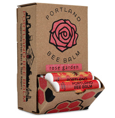 Portland Bee Balm Rose Garden label close-up highlighting natural ingredients for daily lip care.