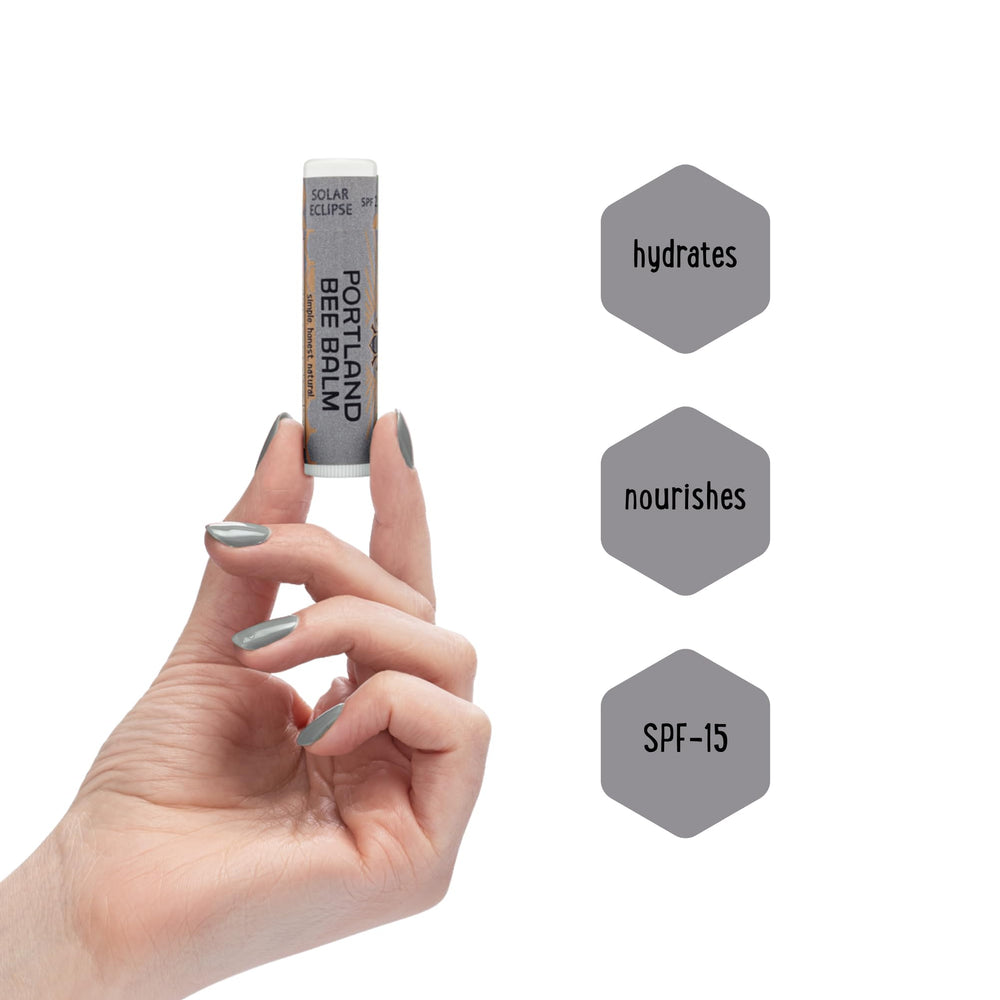 Portland Bee Balm SPF 15 label highlights sun safety and clean ingredients.