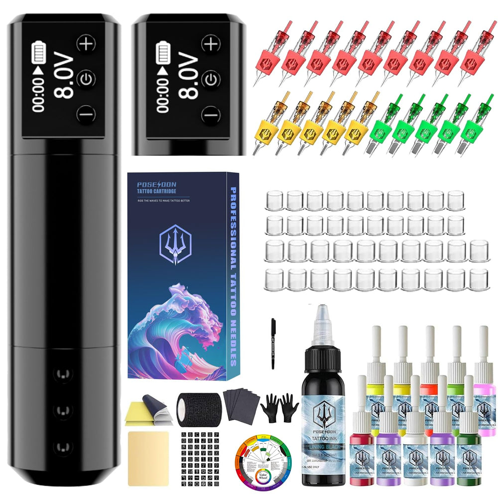 POSEIDON cordless tattoo pen with LED display for precise voltage control during practice.