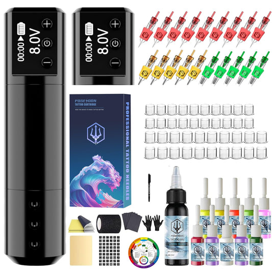 POSEIDON cordless tattoo pen with LED display for precise voltage control during practice.