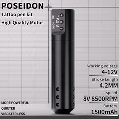 POSEIDON tattoo pen with dual batteries enabling longer practice sessions.