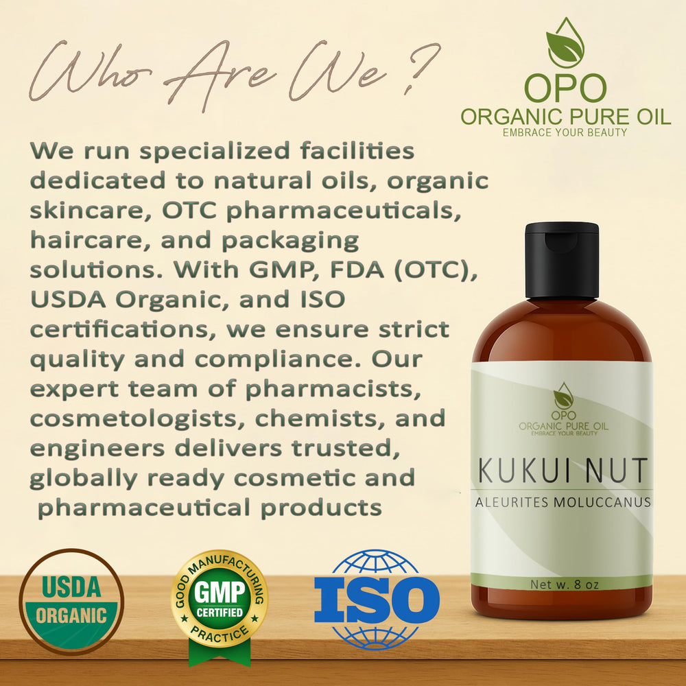 Pousutong Kukui Nut Oil packaging displays an 8 oz bottle with pump.