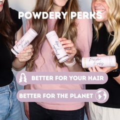 Texture close-up of Powder Baby dry shampoo shows smooth, grit-free finish.