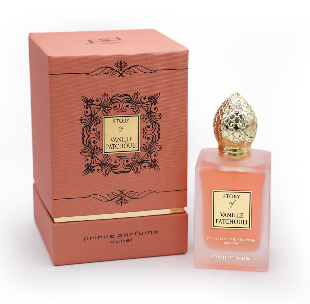 Prince Parfums Dubai Story of Vanille Patchouli bottle close-up, luxury vanilla-patchouli scent.