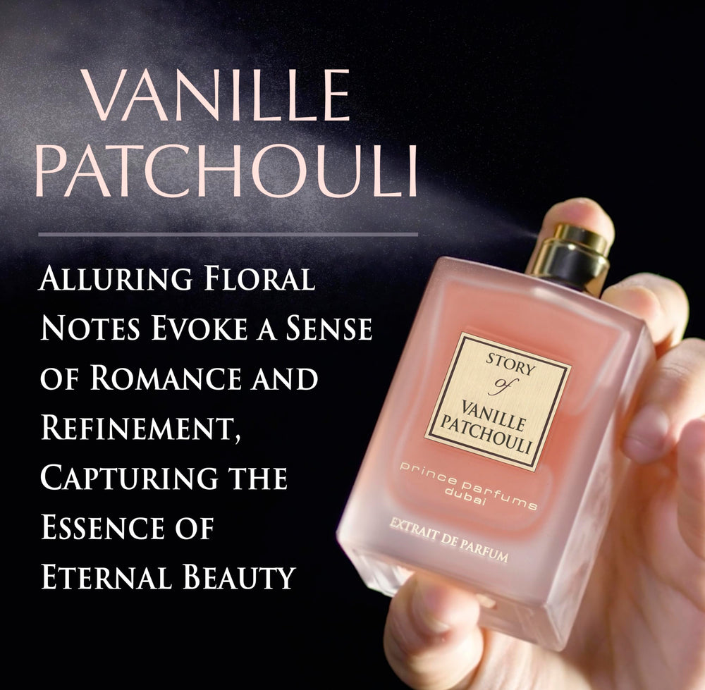 Prince Parfums Dubai Story of Vanille Patchouli luxury label evokes Dubai-inspired elegance.