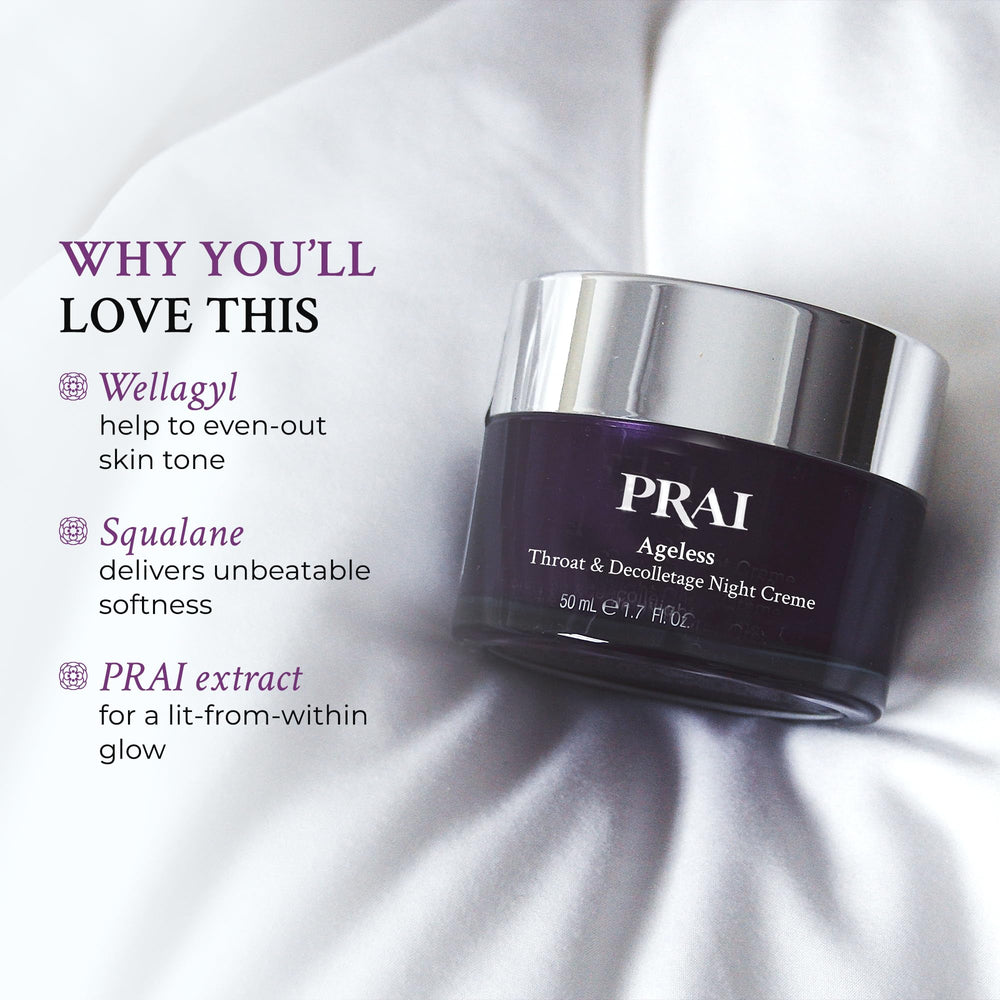 PRAI neck-firming cream texture close-up suggesting smoothing action