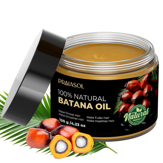 Praiasol Batana Oil bottle showing pure hair repair for stronger, shinier strands.