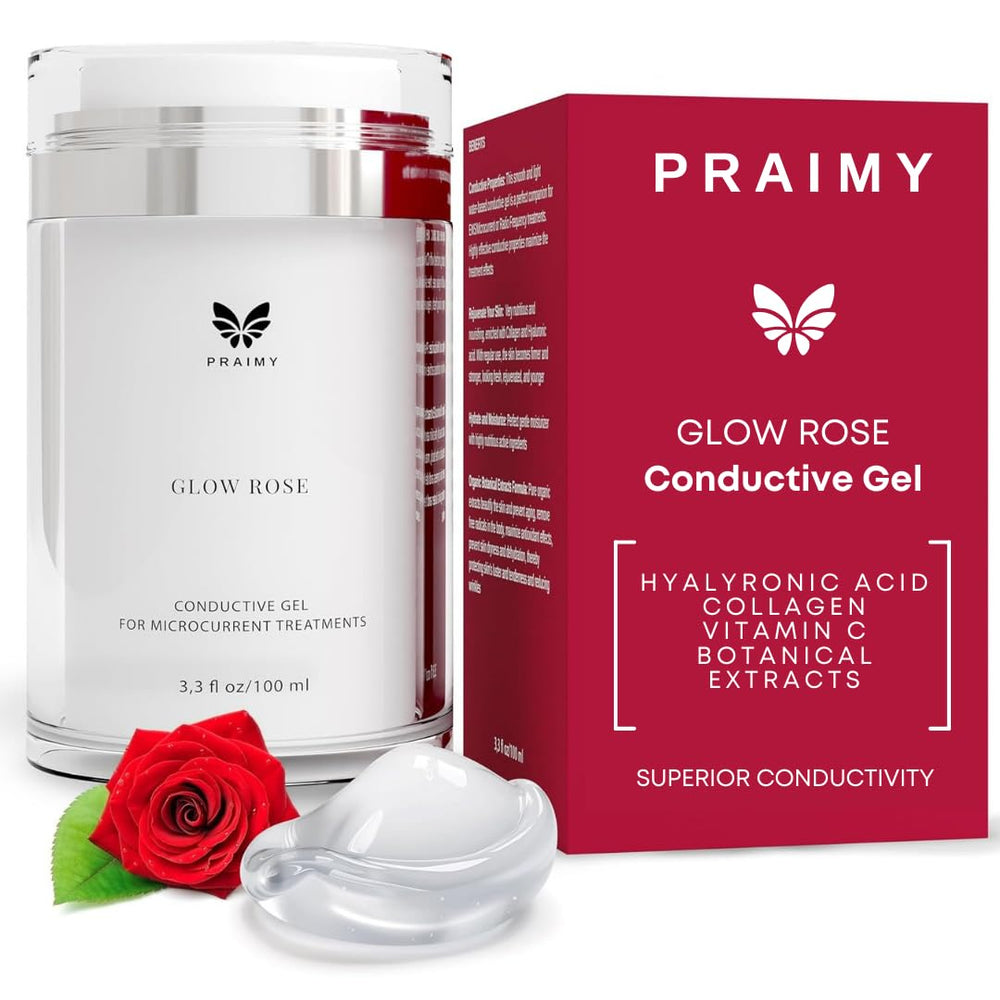 Praimy Glow Rose bottle closeup showing premium conductive gel packaging for safe at-home use.
