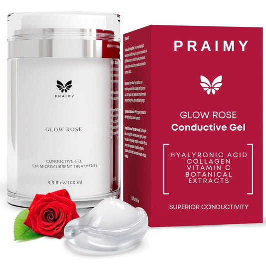 Praimy Glow Rose bottle closeup showing premium conductive gel packaging for safe at-home use.
