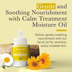 Pranarom Calm Treatment Moisture Oil texture shot with pour, hydration in view.