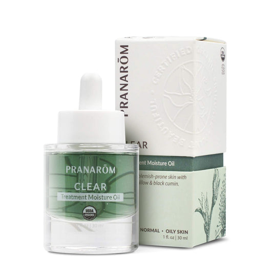 Pranarom Clear Treatment Moisture Oil bottle with droplet for oily skin balance.